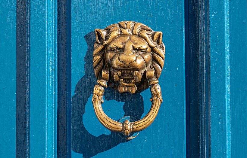 Lion face door knocker on blue door