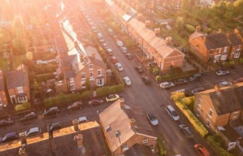 Aerial view of town crossroads