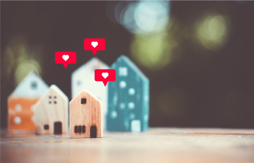 House blocks with hearts in speech marks