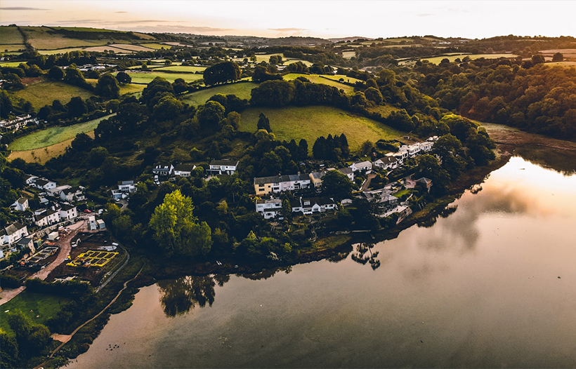 Ariel view of town near river back