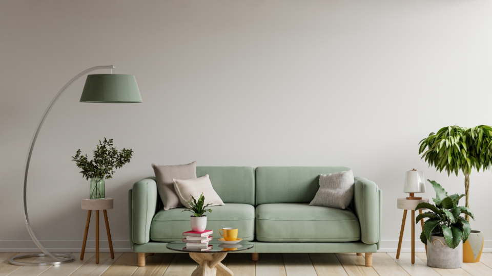 Living room with a green sofa