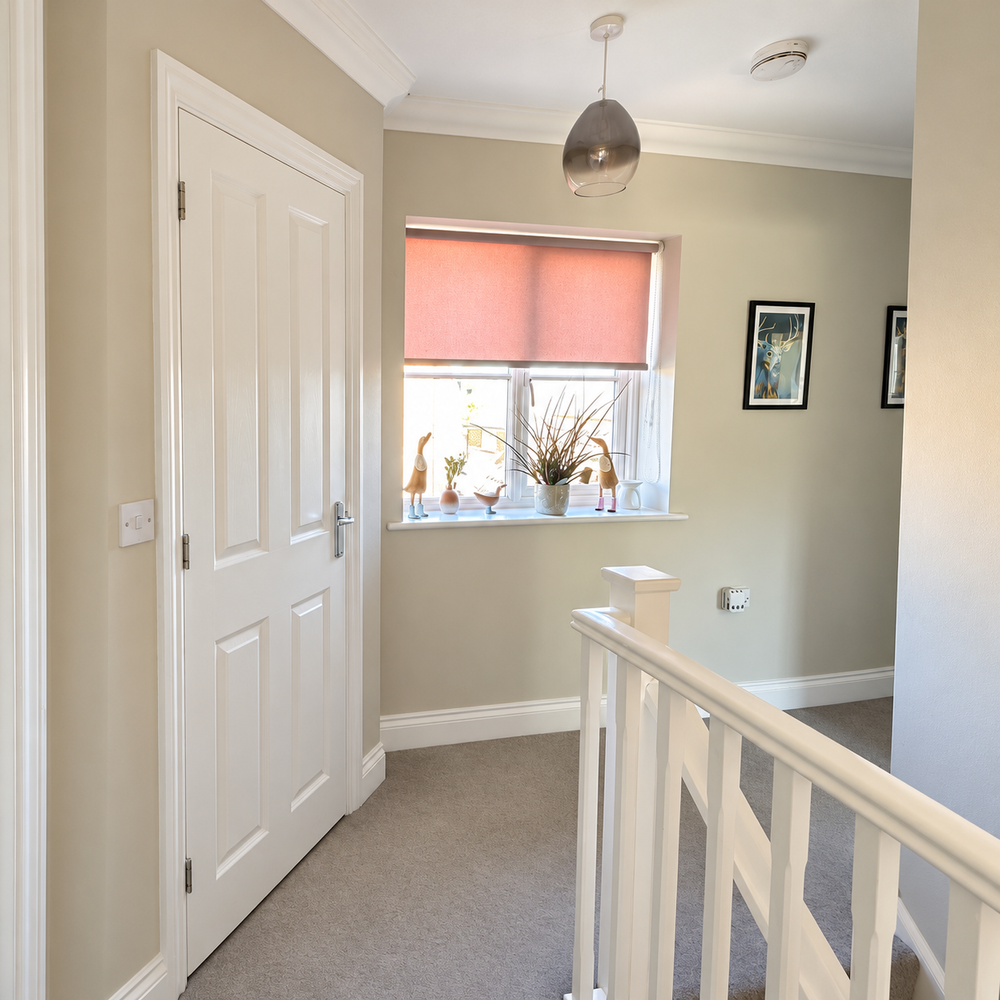 Sunlit hallway with white door